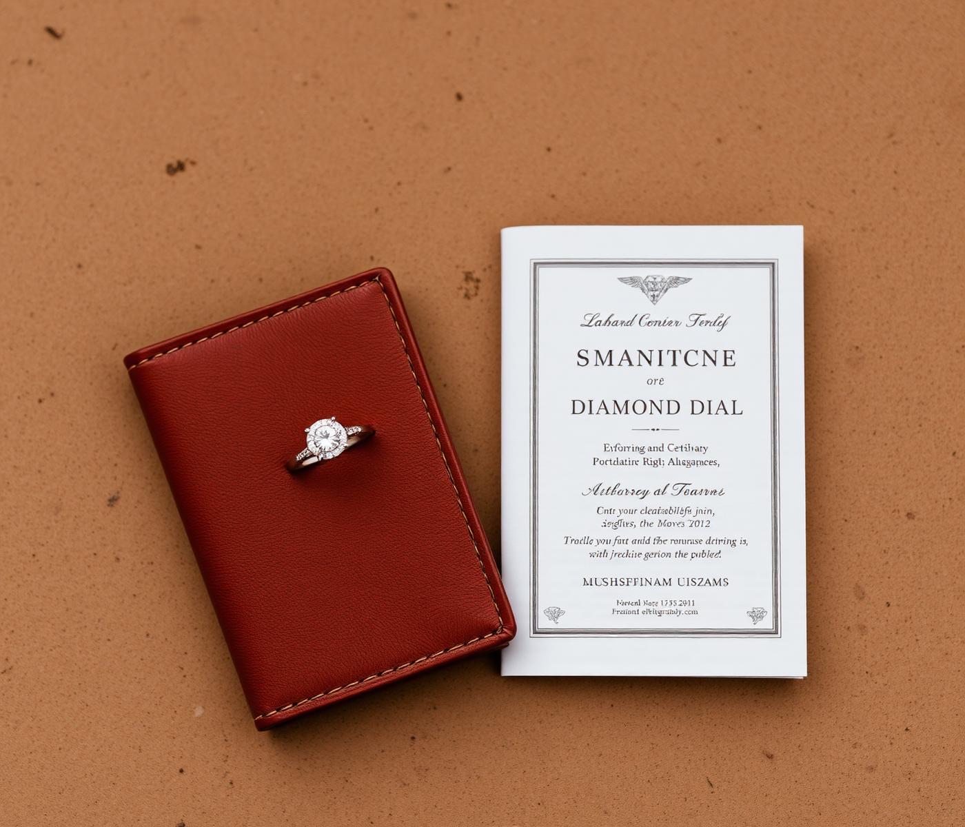 Diamond ring beside a diamond certificate booklet
