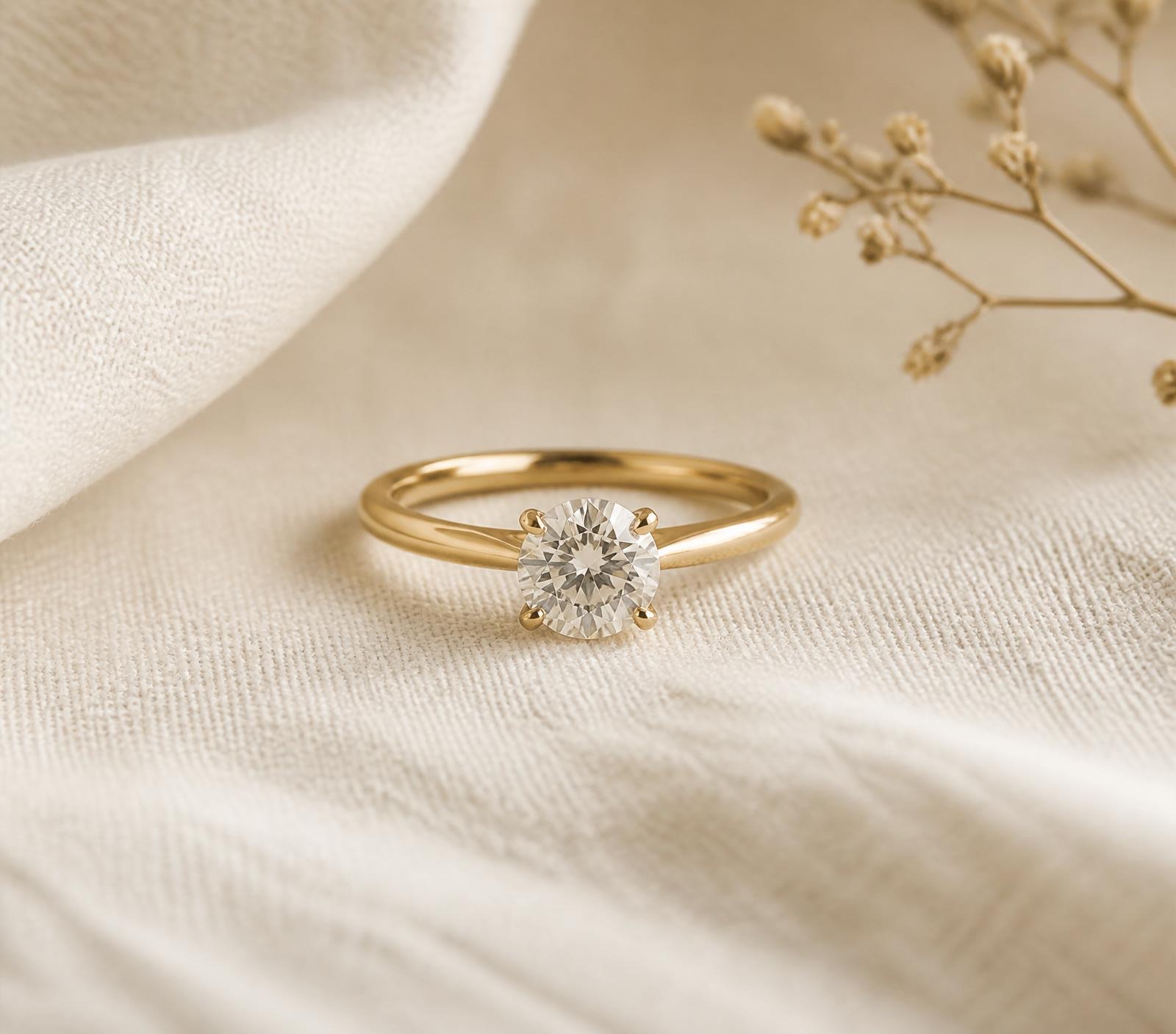 Solitaire diamond engagement ring resting on warm cream linen